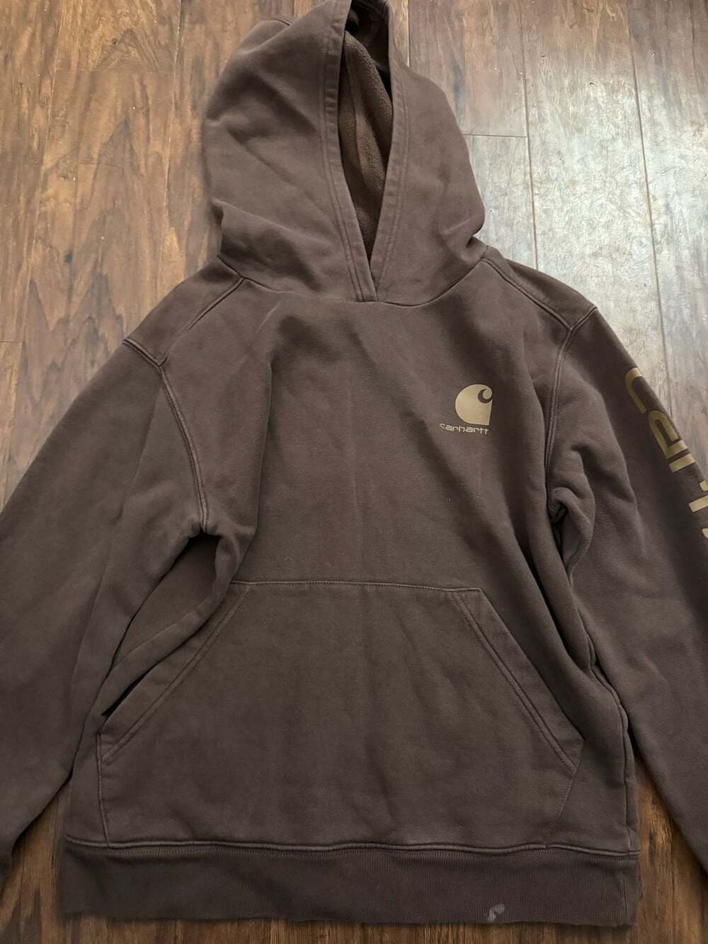 Carhartt Boys Pullover Hoodie Size L 14-16 Brown Graphic Logo Sleeve
